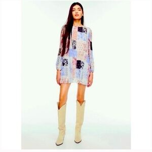 Wilfred Long Sleeve Patchwork Mini Dress in Pastel Blue, Pink, Black